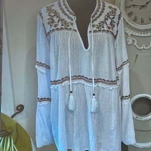 Knox Rose White Tunic with Brown Embroidery